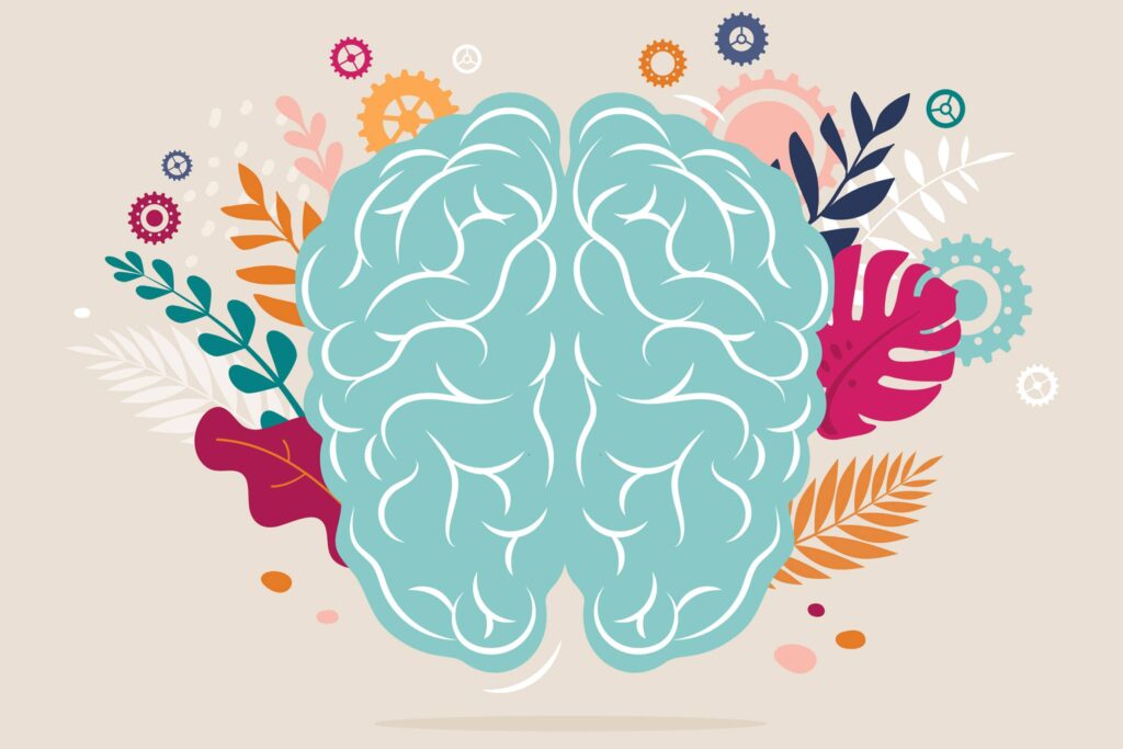Mental health tips for teachers decorative cover image of colorful brain and blooming images of leaves and flowers bursting from the sides.