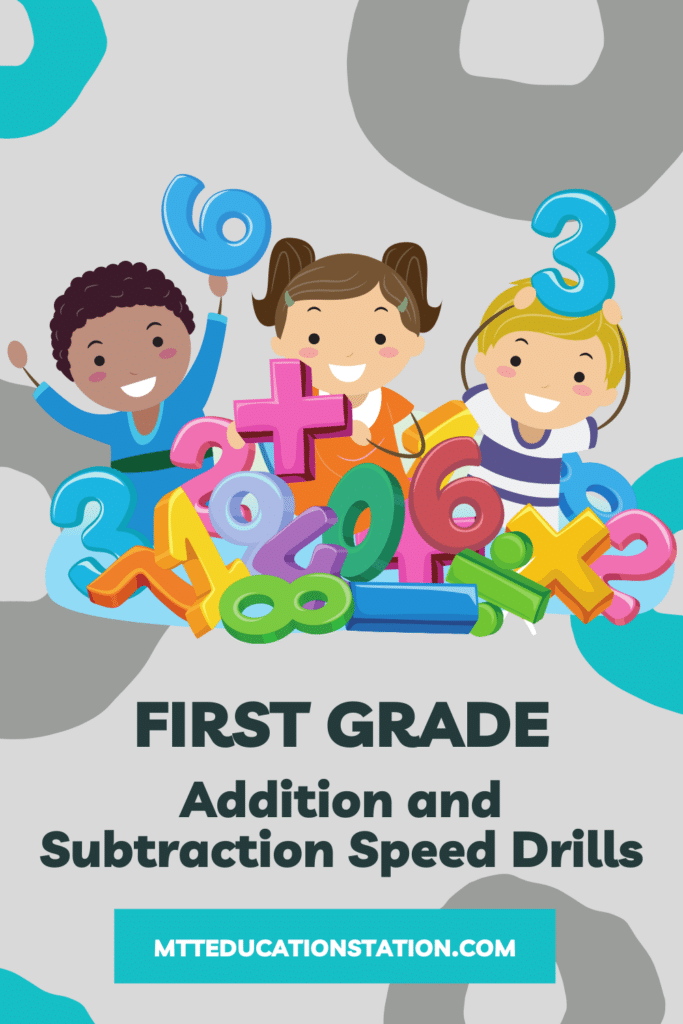 Addition and subtraction speed drill worksheet for first grade. Download this free learning resource here.