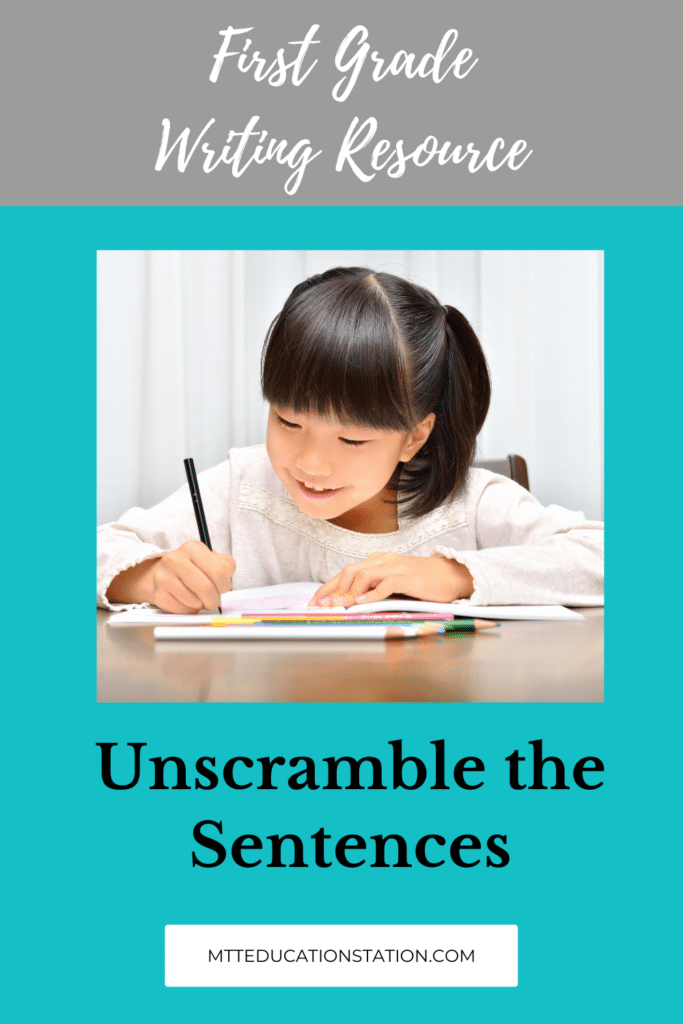 Unscramble the sentence activity for first grade writing practice. Download your free resource here.