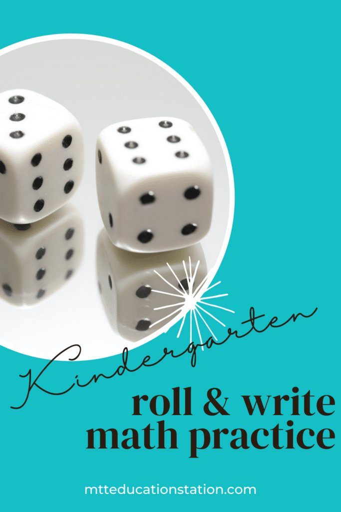 Roll the dice and write the numbers to practice addition with this free kindergarten math resource. Download here.