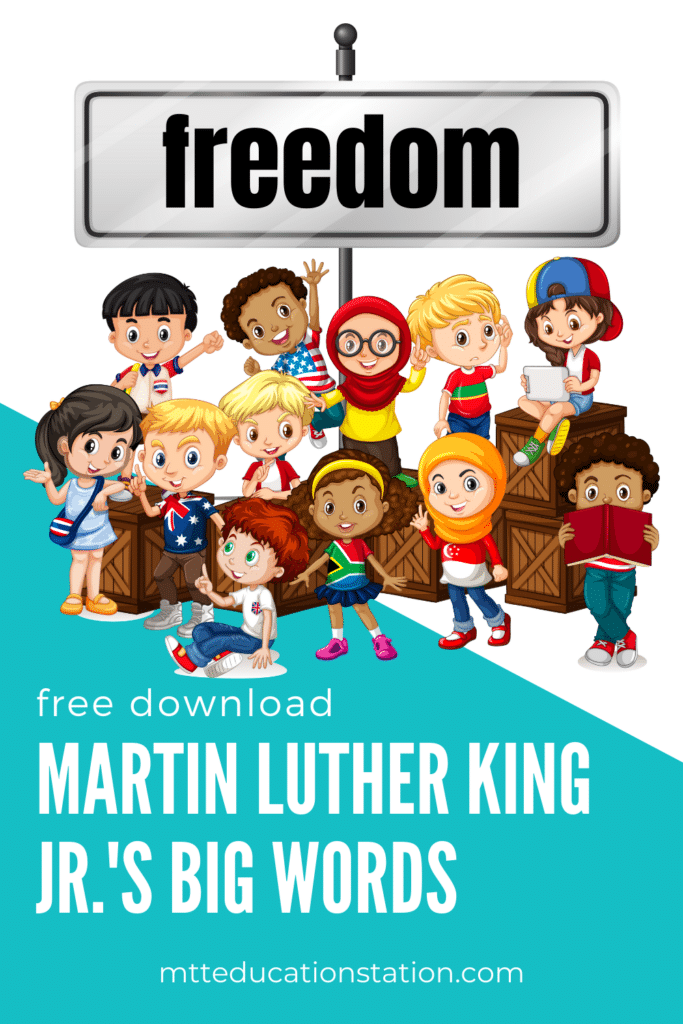 Practice the word freedom—one of the big words Martin Luther King Jr. used in his speeches. Download the free worksheet here.