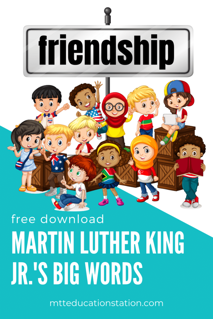Practice the word friendship—one of the big words Martin Luther King Jr. used in his speeches. Download the free worksheet here.