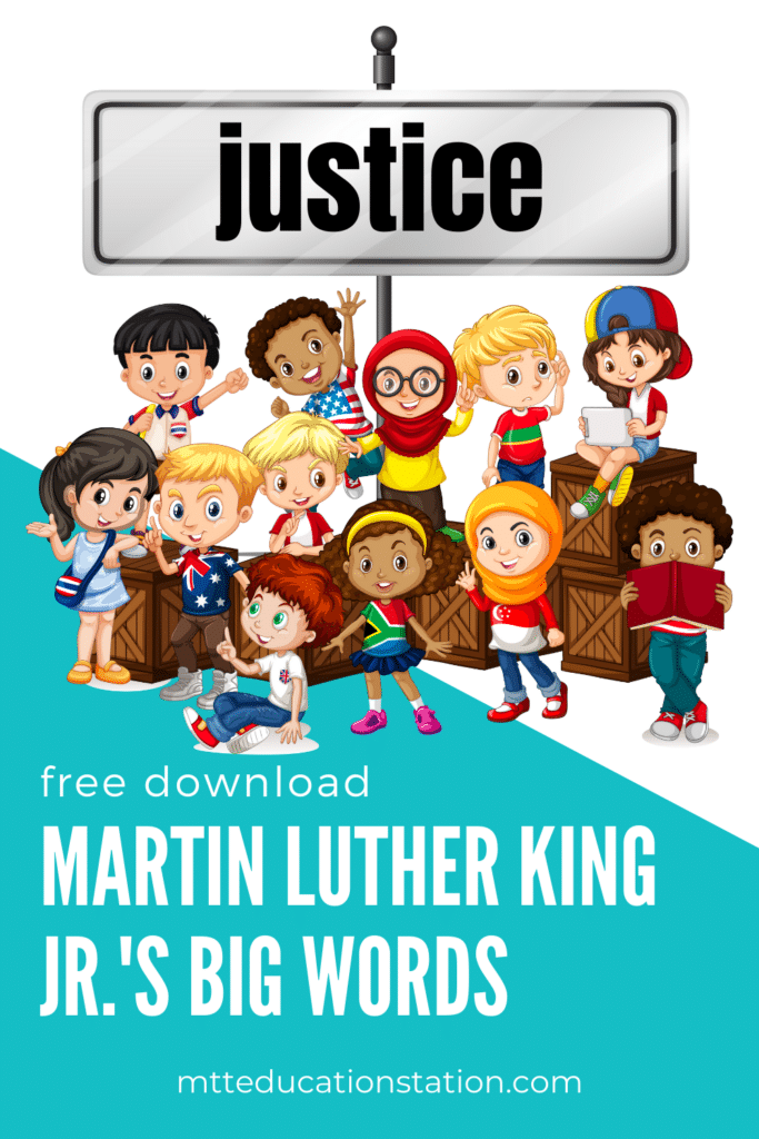 Practice the word justice—one of the big words Martin Luther King Jr. used in his speeches. Download the free worksheet here.