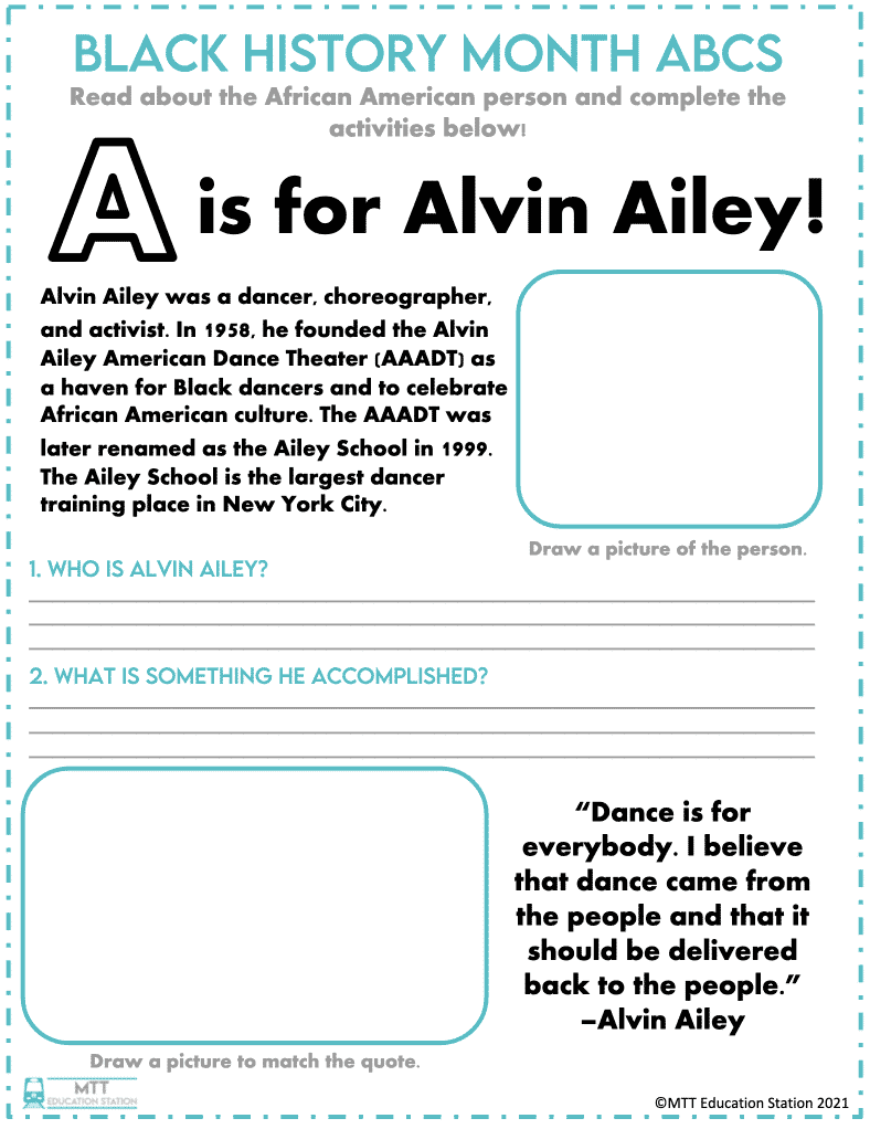 Read about Alvin Ailey and answer the questions in our Black History Month ABCs.