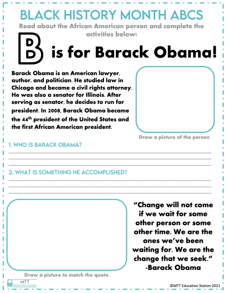 Read about Barack Obama and answer the questions in our Black History Month ABCs.