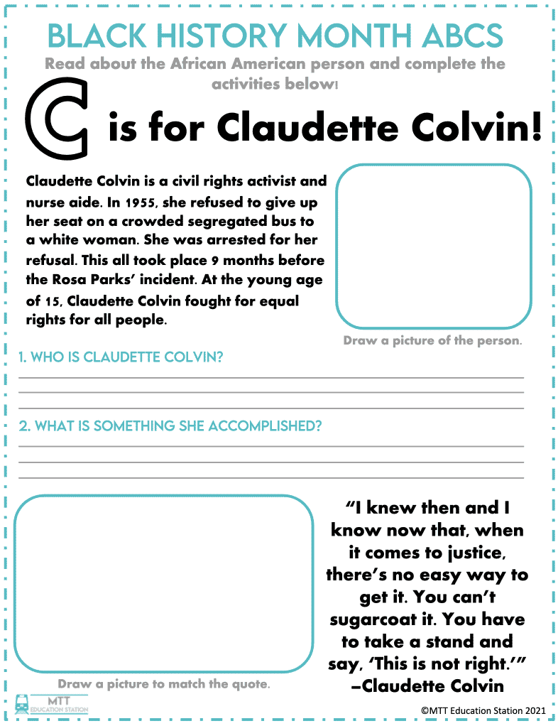 Read about Claudette Colvin and answer the questions in our Black History Month ABCs.