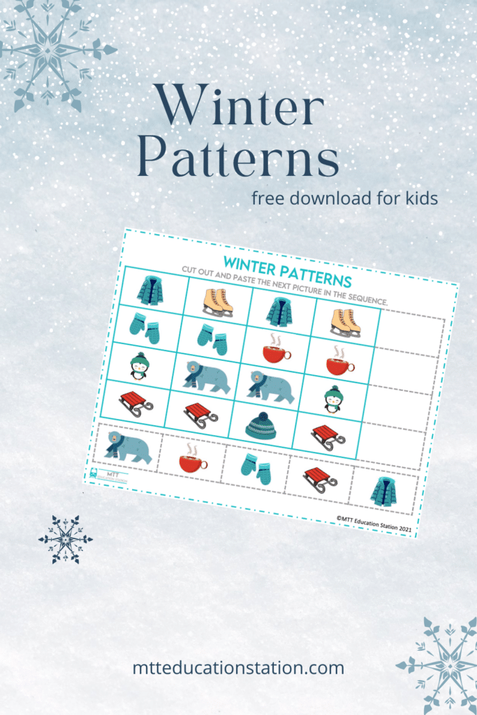 Cut and paste the next picture in the sequence. Download your free winter-themed learning resource for kids here.