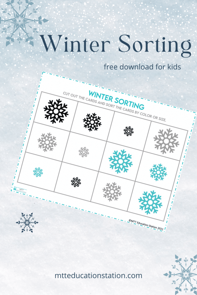 Cut out the cards and then sort by color or size. Download your free winter-themed learning resource for kids here.