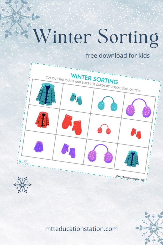Cut out the cards and then sort by color or size. Download your free winter-themed learning resource for kids here.