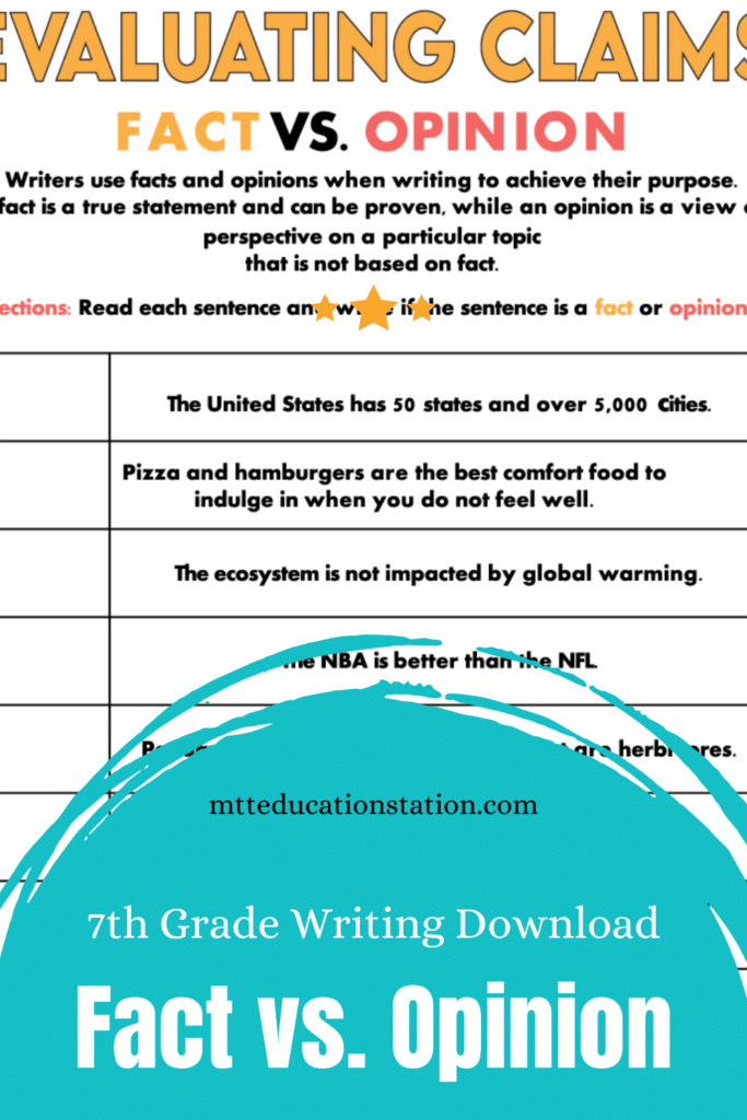 Evaluate facts and opinions in this 7th grade writing download