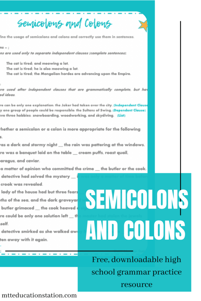 Downloadable semicolons and colons high school grammar practice