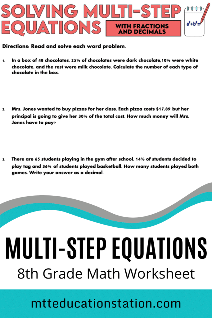 Practice solving multi-step equations with fractions and decimals. Download your free 8th grade math worksheet here.