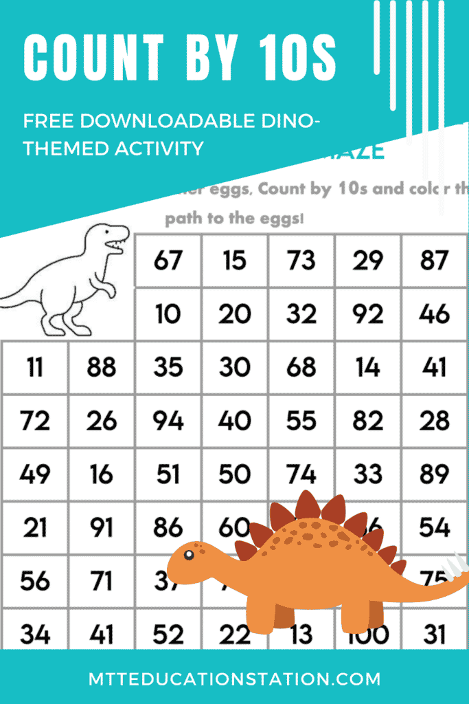 Practice counting by tens with this dinosaur-themed counting activity for kindergarten to 1st graders. Download your free math activity here.