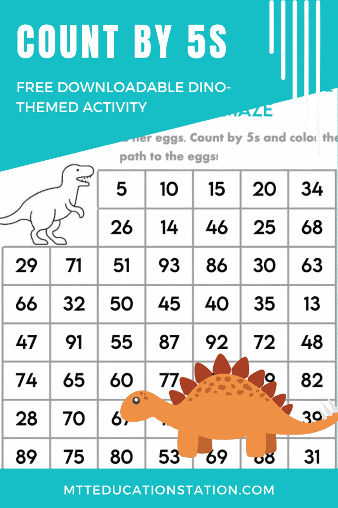 Practice counting by fives with this dinosaur-themed counting activity for kindergarten to 1st graders. Download your free math activity here.