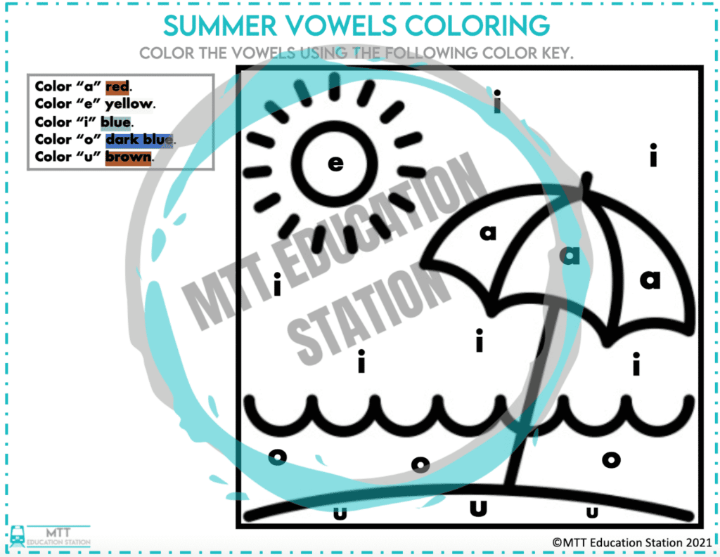 Summer vowels coloring ELA activity for k - 1st grade